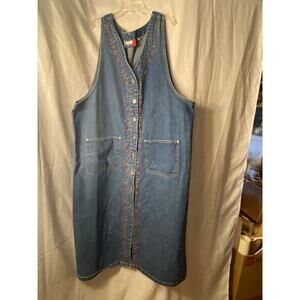 Women's J.L.N.Y. Denim Sleeveless Jumper Dress 2X Floral Embroidery Pockets EUC